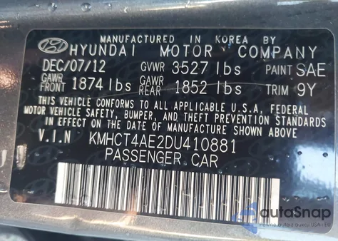 2013 Hyundai Accent Gls from USA, damaged, VIN KMHCT4AE2DU410881